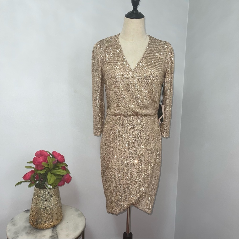 Gibsonlook X Glam The Motherchic Sequin Faux Wrap Dress In Champagne Color NWT